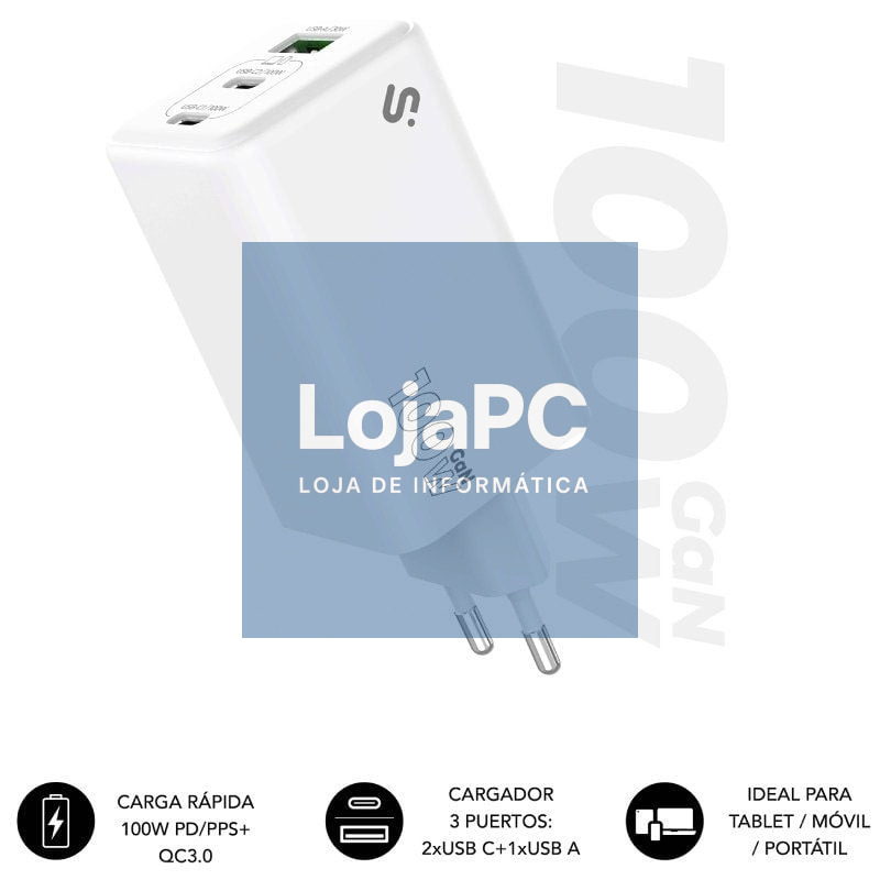 Carregador de parede GaN Subblim 100W Charger USB C+C+A/ 2xUSB Tipo-C/ 1xUSB/ 100W