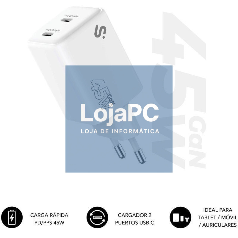 Carregador de parede GaN Subblim 45W Charger USB C+C/ 2xUSB Tipo-C/ 45W