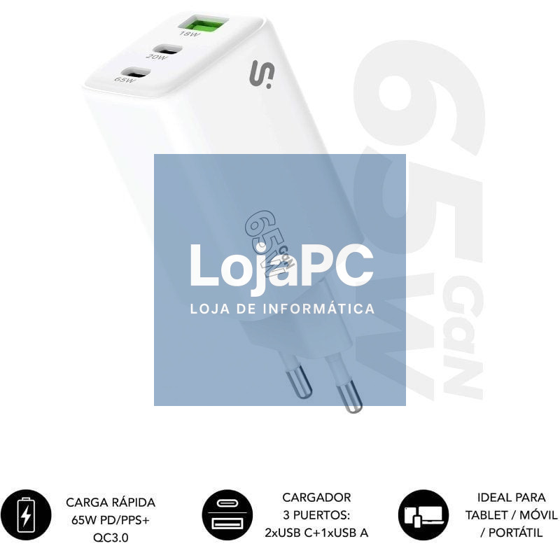 Carregador de parede GaN Subblim 65W Charger USB C+C+A/ 2xUSB Tipo-C/ 1xUSB/ 65W