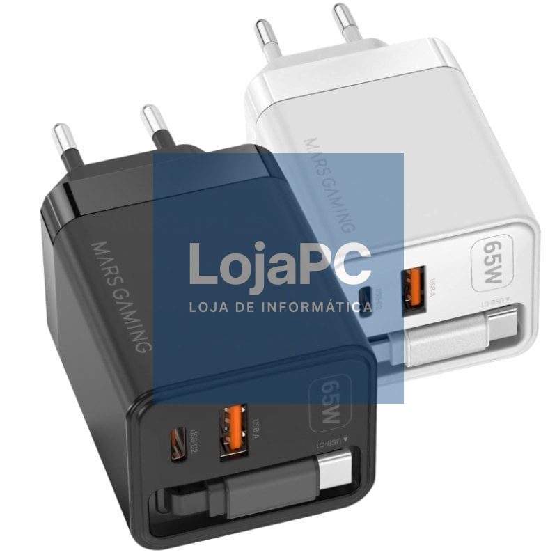 Carregador de parede GaN Mars Gaming MD-GAN65R/ 1xUSB Tipo-C/ 1xUSB/ 65W/ Preto