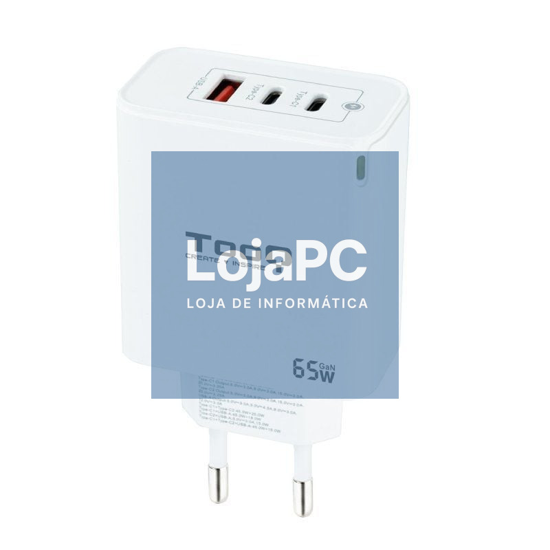 Carregador de parede GaN TooQ TQWC-GANQC2PD65WT/ 2xUSB Tipo-C/ 1xUSB/ 65W