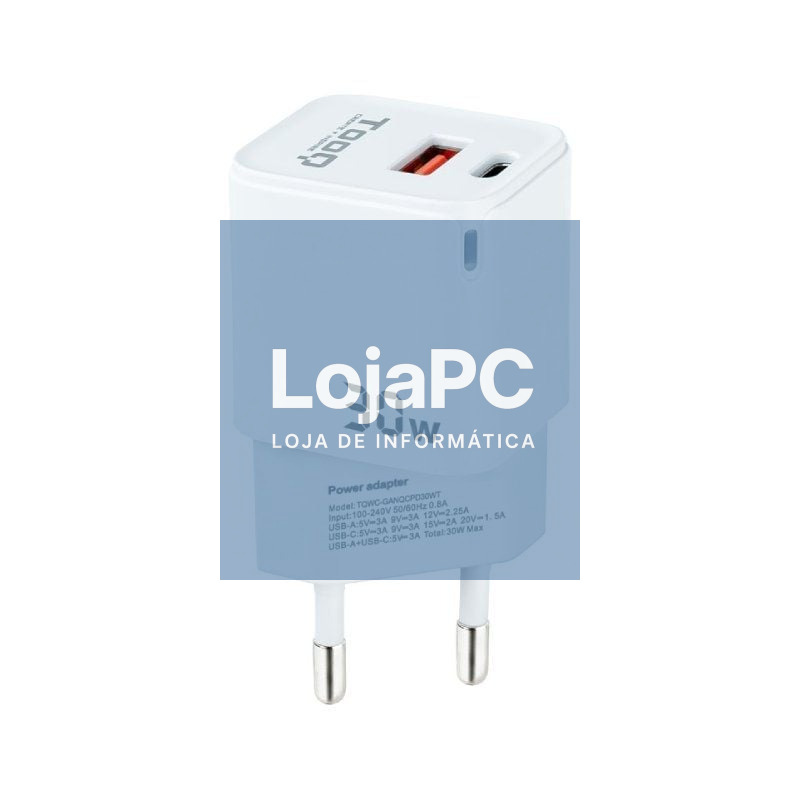 Carregador de parede GaN TooQ TQWC-GANQCPD30WT/ 1xUSB Tipo-C/ 1xUSB/ 30W