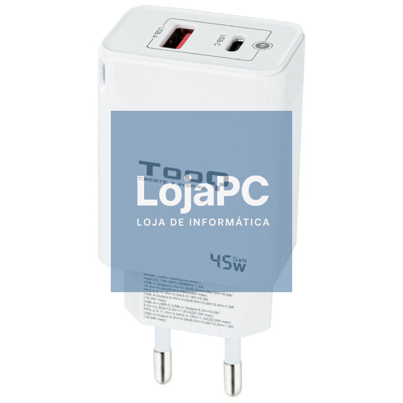 Carregador de parede GaN TooQ TQWC-GANQCPD45WT/ 1xUSB Tipo-C/ 1xUSB/ 45W