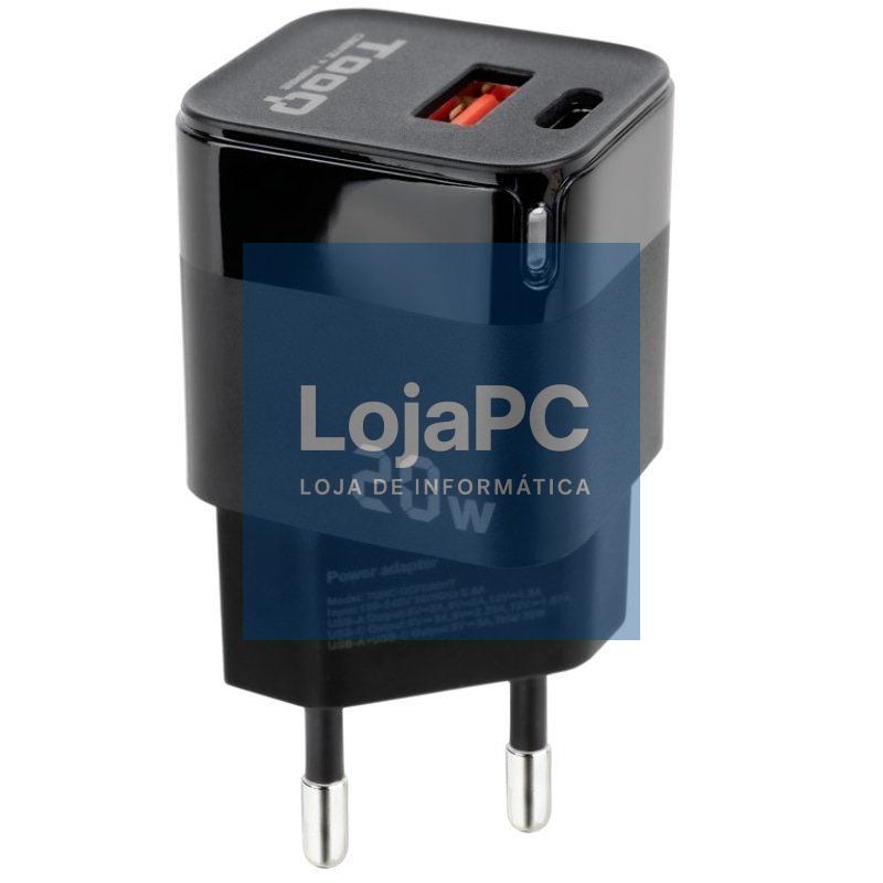 Carregador de parede TooQ TQWC-QCPD20/ 1xUSB Tipo-C/ 1xUSB/ 20W