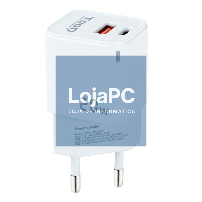 Carregador de parede TooQ TQWC-QCPD20WT/ 1xUSB-Tipo C/ 1x USB/ 20W/ Branco