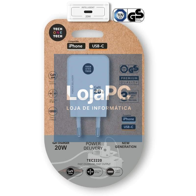 Carregador de parede GaN Tech One Tech GaN TEC2220/ 1xUSB Tipo-C/ 20W/ Branco