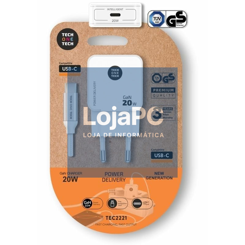 Carregador de parede Tech One Tech TEC2221/ 1xUSB Tipo-C + Cabo USB Tipo-C/ 20W/ Branco