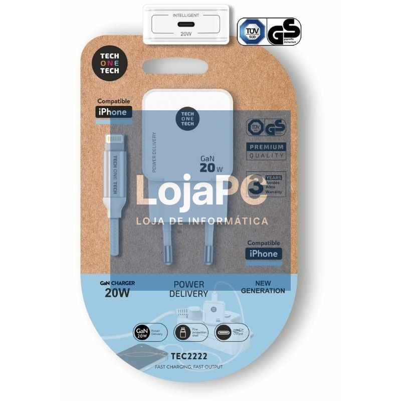 Carregador de parede Tech One Tech TEC2222/ 1xUSB Tipo-C + Cabo Lightning/ 20W/ Branco
