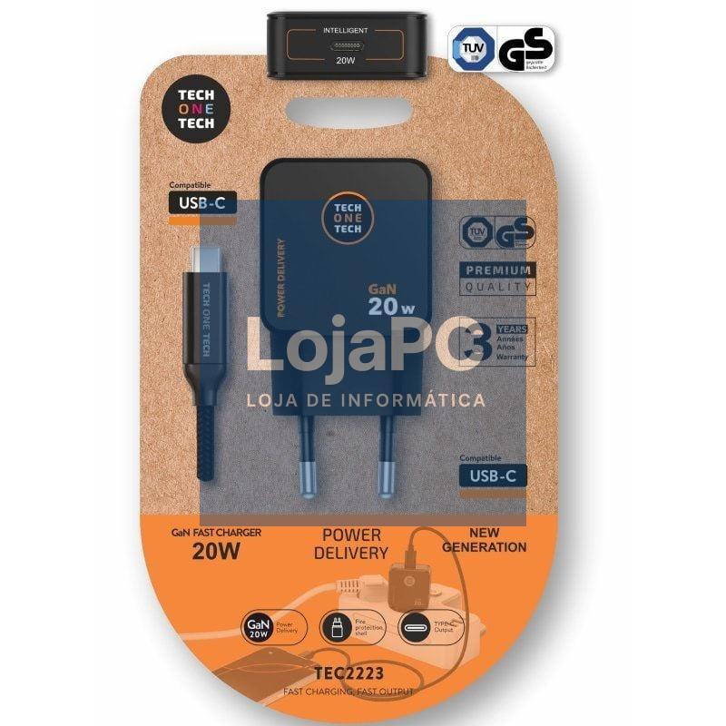 Carregador de parede GaN Tech One Tech TEC2223/ 1xUSB Tipo-C + Cabo USB Tipo-C/ 20W/ Preto