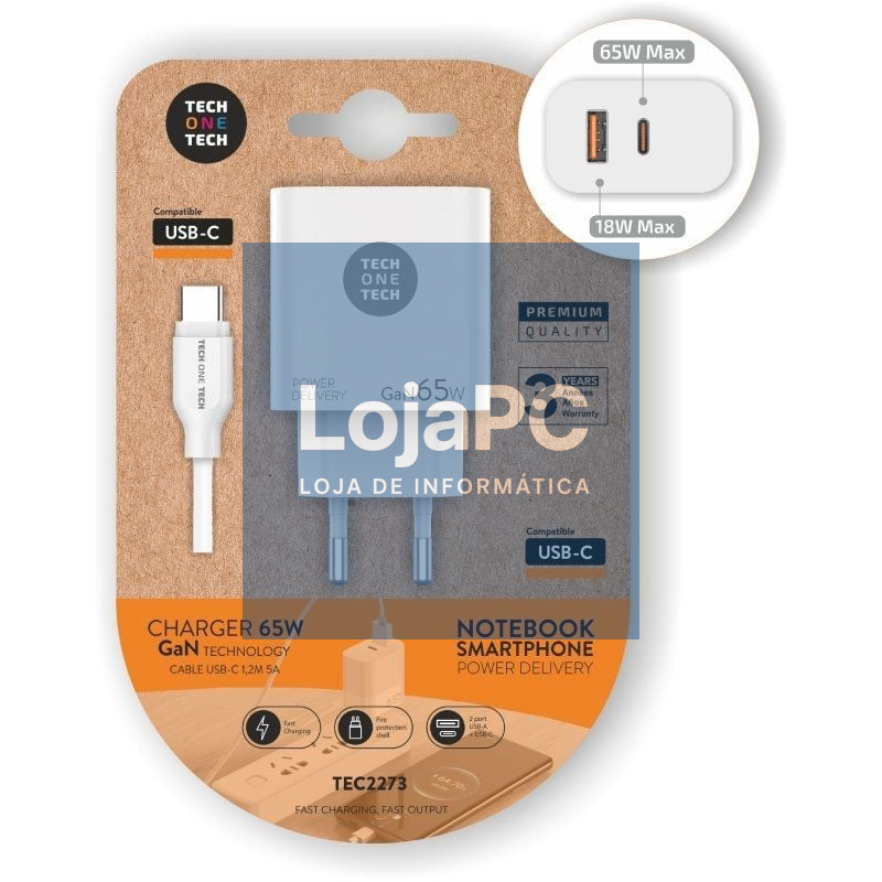 Carregador de parede GaN Tech One Tech PD TEC2273 / 1xUSB Tipo-C/ 1xUSB/ 65W