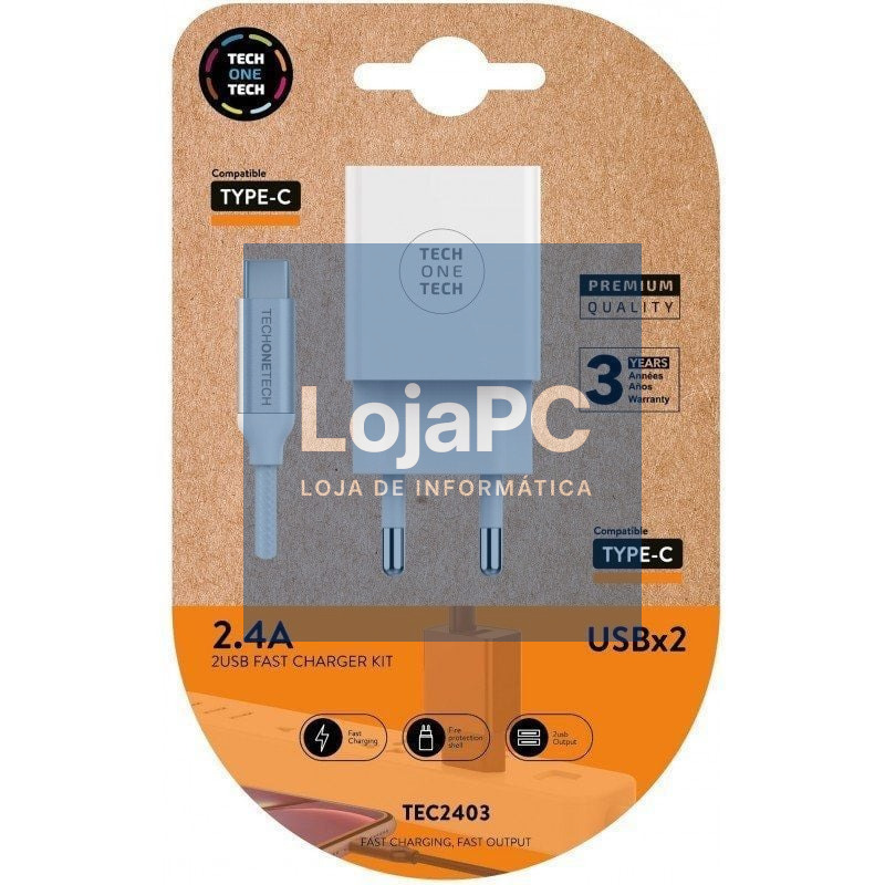 Carregador de parede Tech One Tech TEC2403/ 2xUSB + Cabo USB Tipo-C/ 12W/ Branco