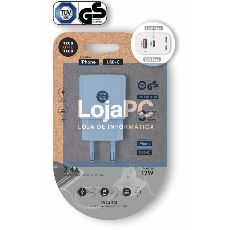 Carregador de parede Tech One Tech TEC2412/ 1xUSB Tipo-C/ 1xUSB/ 12W/ Branco