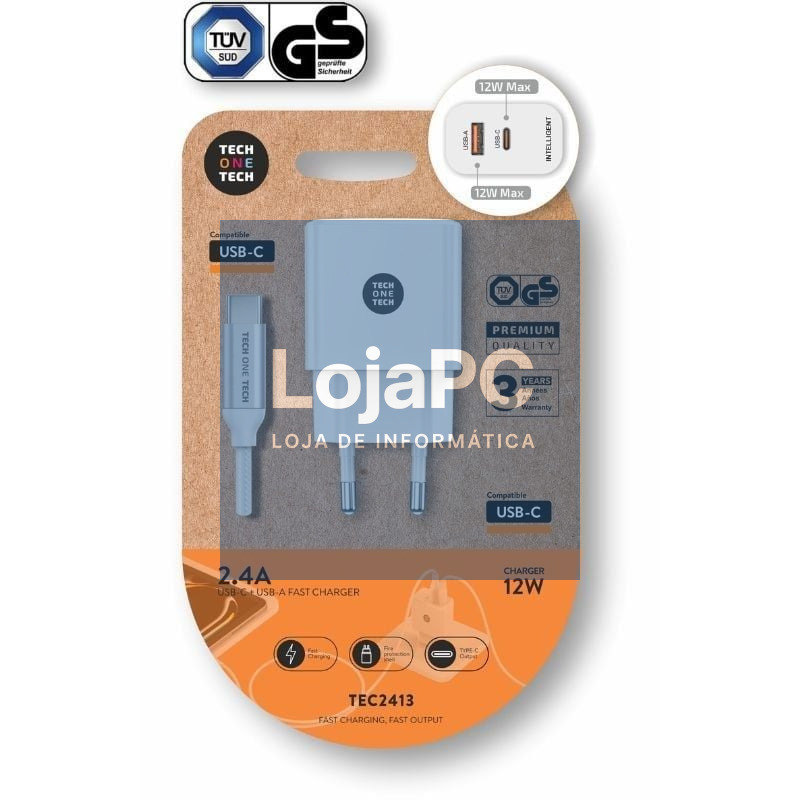 Carregador de parede Tech One Tech TEC2413/ 1xUSB Tipo-C/ 1xUSB + Cabo USB Tipo-C/ 12W/ Branco