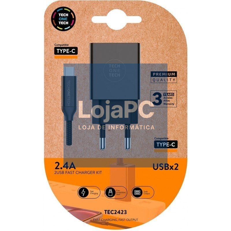 Carregador de parede Tech One Tech TEC2423/ 2xUSB + Cabo USB Tipo-C/ 12W/ Preto