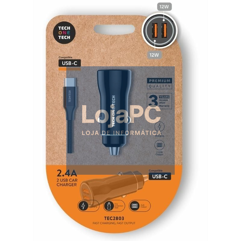 Carregador de automóvel Tech One Tech TEC2803/ 2xUSB + Cabo USB Tipo-C/ 12W