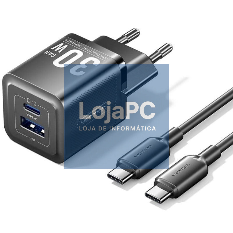 Carregador de parede GaN Vention TZ-FEQB0-EU-01/ 1xUSB Tipo-C/ 1xUSB + Cabo USB Tipo-C/ 30W