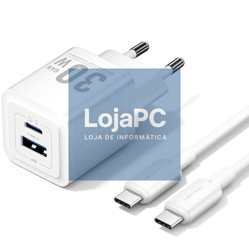 Carregador de parede GaN Vention TZ-FEQW0-EU-01/ 1xUSB Tipo-C/ 1xUSB + Cabo USB Tipo-C/ 30W