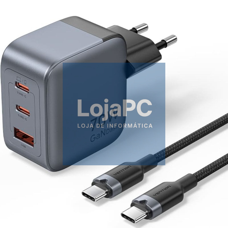 Carregador de parede GaN Vention TZ-FEXH0-EU/ 2xUSB Tipo-C/ 1xUSB + Cabo USB Tipo-C/ 70W