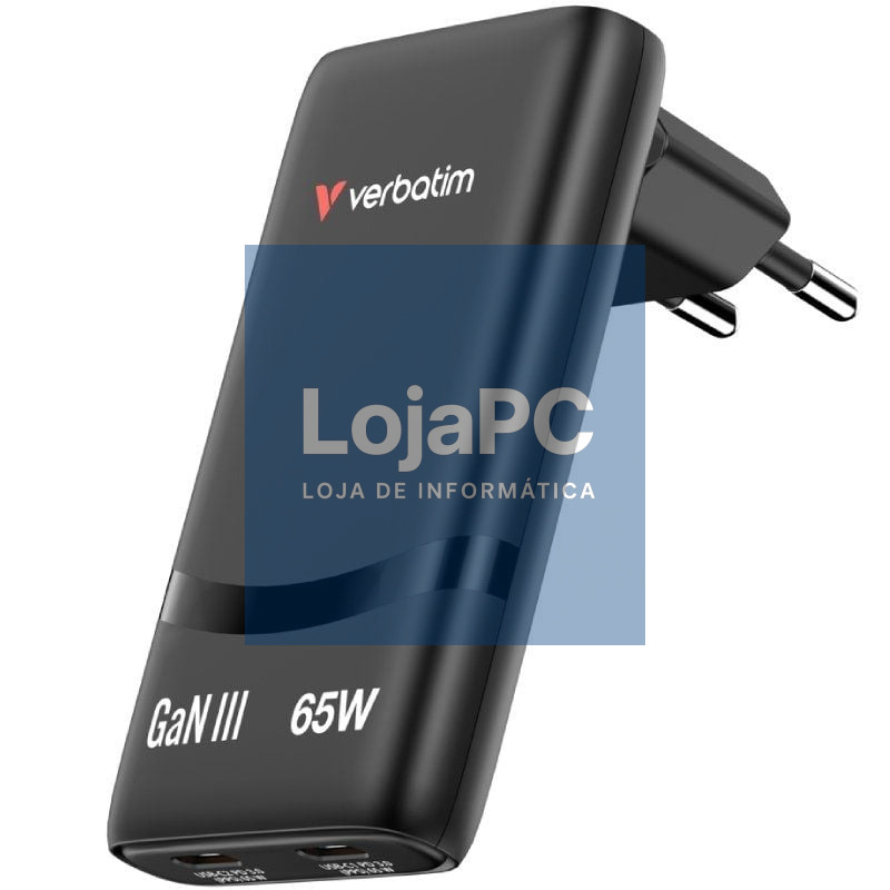 Carregador de parede GaN Verbatim Fold 'n' Go/ 2xUSB Tipo-C/ 65W