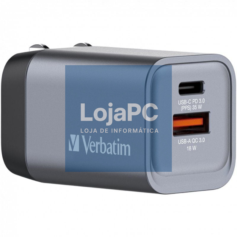 Carregador de parede Universal GaN para Viaje Verbatim GNC-35/ 1xUSB Tipo-C/ 1xUSB/ 35W