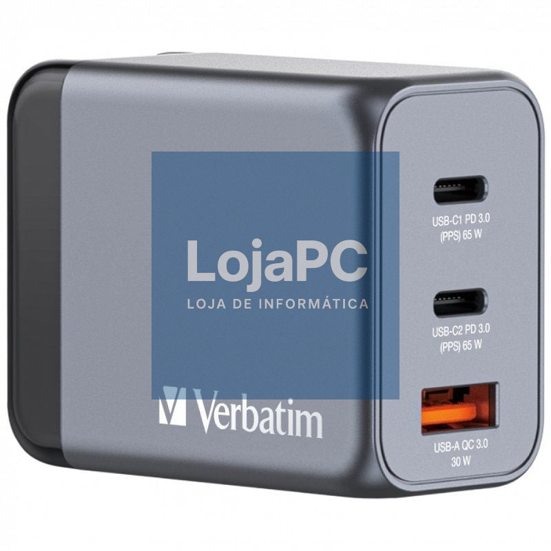 Carregador de parede Universal GaN para Viaje Verbatim GNC-65/ 2xUSB Tipo-C/ 1xUSB/ 65W
