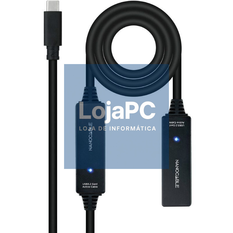 Cabo Extensão USB Tipo-C 3.2 com Amplificador Nanocable 10.01.1312/ USB Tipo-C Macho - USB Tipo-C Fêmea/ 10m/ Preto