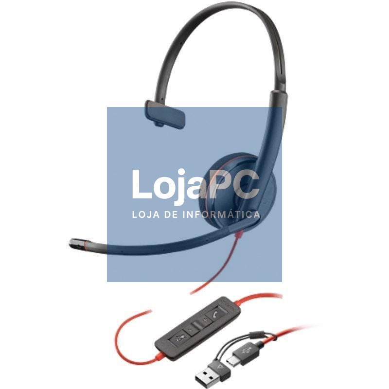 Auscultador Poly Blackwire 3210 + Adaptador USB-C/A/ com Microfone/ USB Tipo-C/ Bulk/ Preto