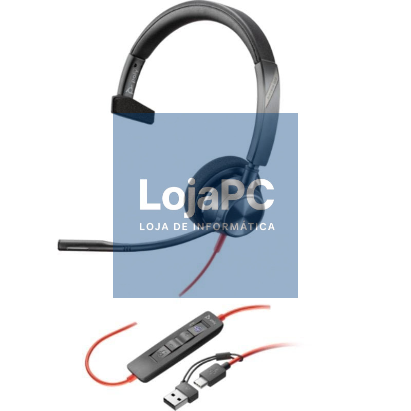 Auscultador Poly Blackwire 3310 para Microsoft Teams + Adaptador USB-C/A/ com Microfone/ USB Tipo-C/ Preto