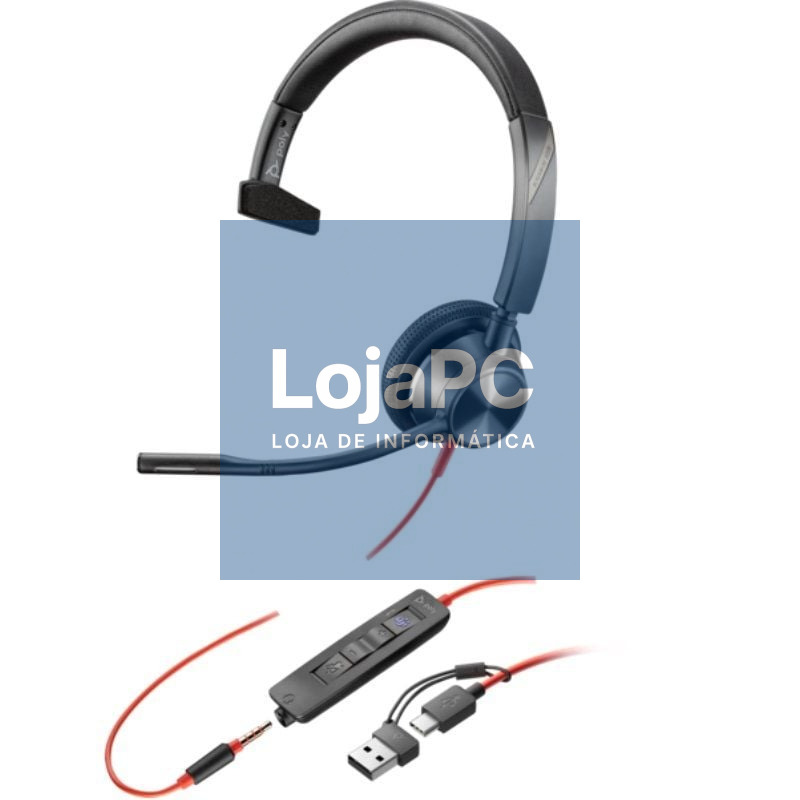 Auscultador Poly Blackwire 3315 para Microsoft Teams + Adaptador USB-C/A/ com Microfone/ Jack 3.5/ Preto