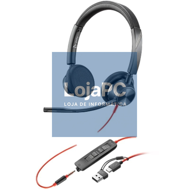 Auscultadores Poly Blackwire 3325 + Adaptador USB-C/A/ com Microfone/ Jack 3.5mm/ Preto