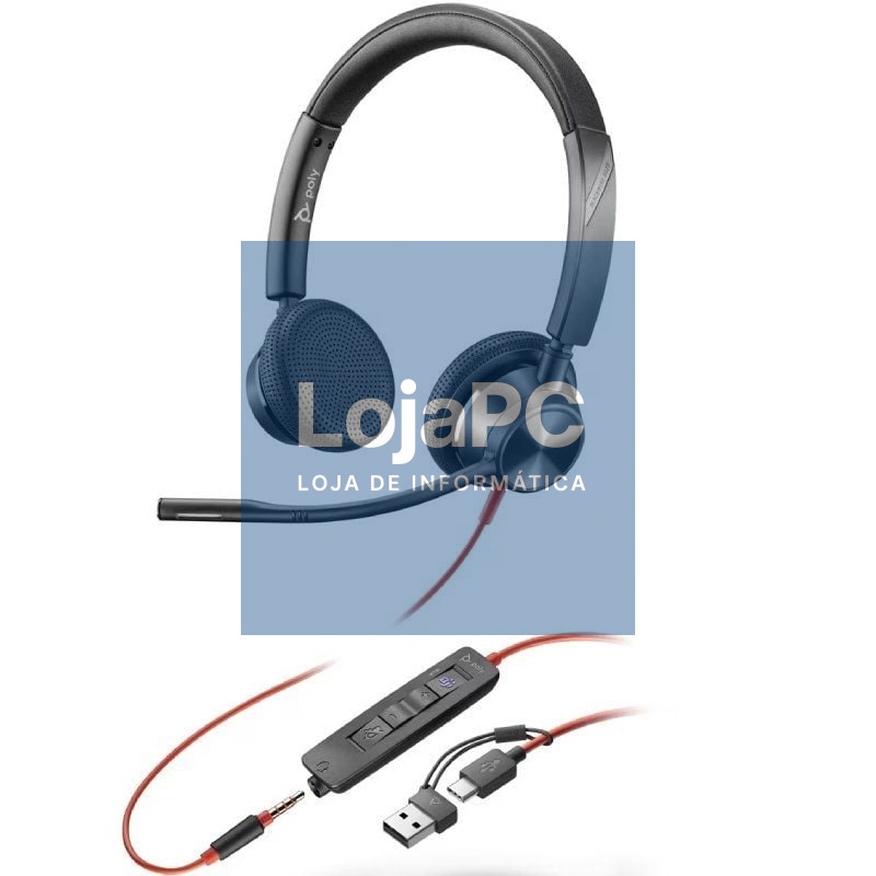 Auscultadores Poly Blackwire 3225 para Microsoft Teams + 3.5 mm + Adaptador USB-C/A/ com Microfone/ Jack 3.5 - USB Tipo-C/ Pretos