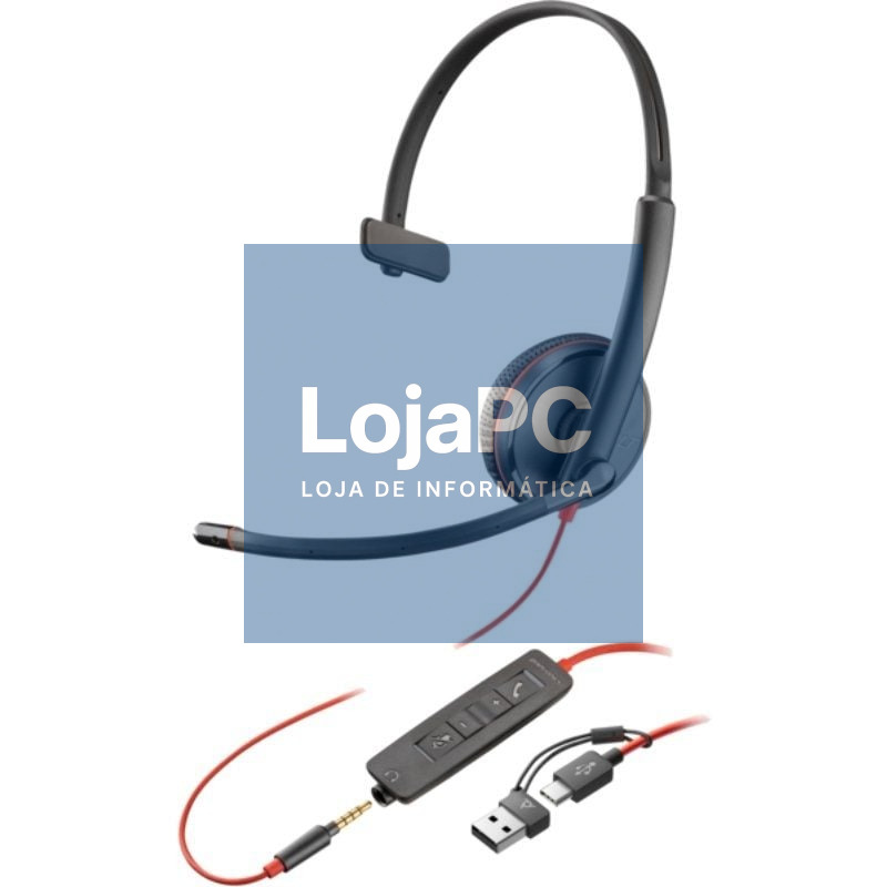 Auscultador Poly Blackwire 3215 + 3.5mm + Adaptador USB-C/A/ com Microfone/ Jack 3.5 - USB Tipo-C/ Bulk/ Preto