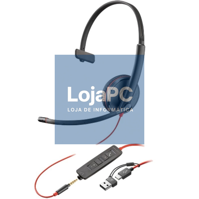 Auscultador Poly Blackwire 3215 + Adaptador USB-C/A/ com Microfone/ Jack 3.5mm/ Preto