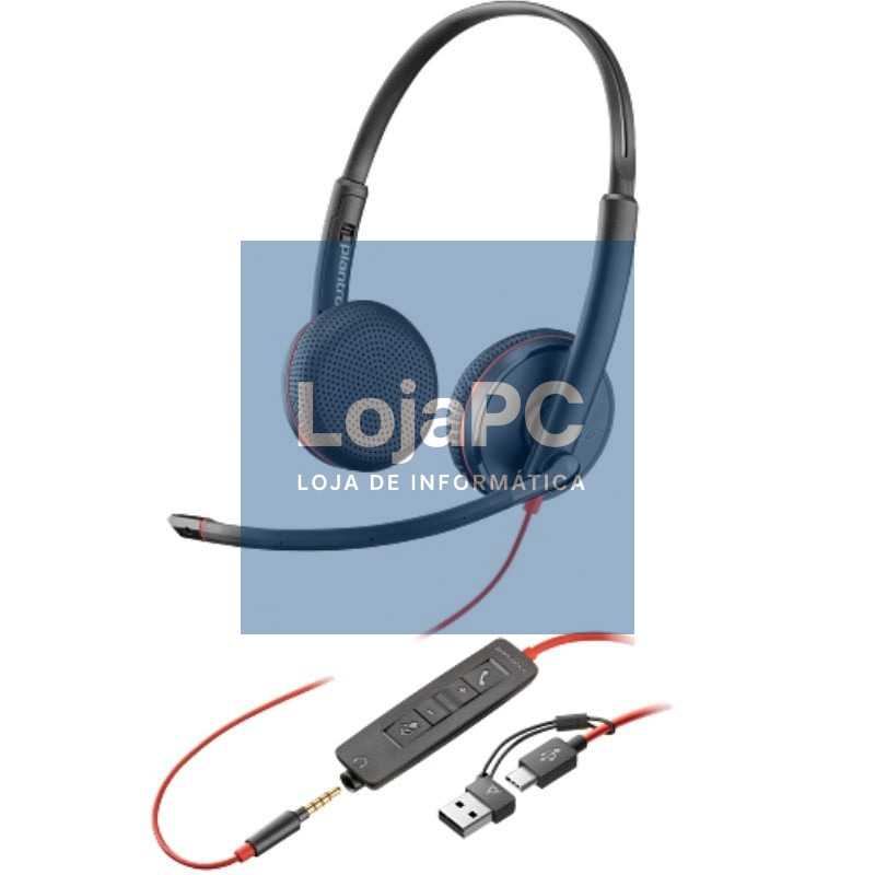 Auscultadores Poly Blackwire 3225 + Adaptador USB-C/A/ com Microfone/ Jack 3.5mm/ Preto