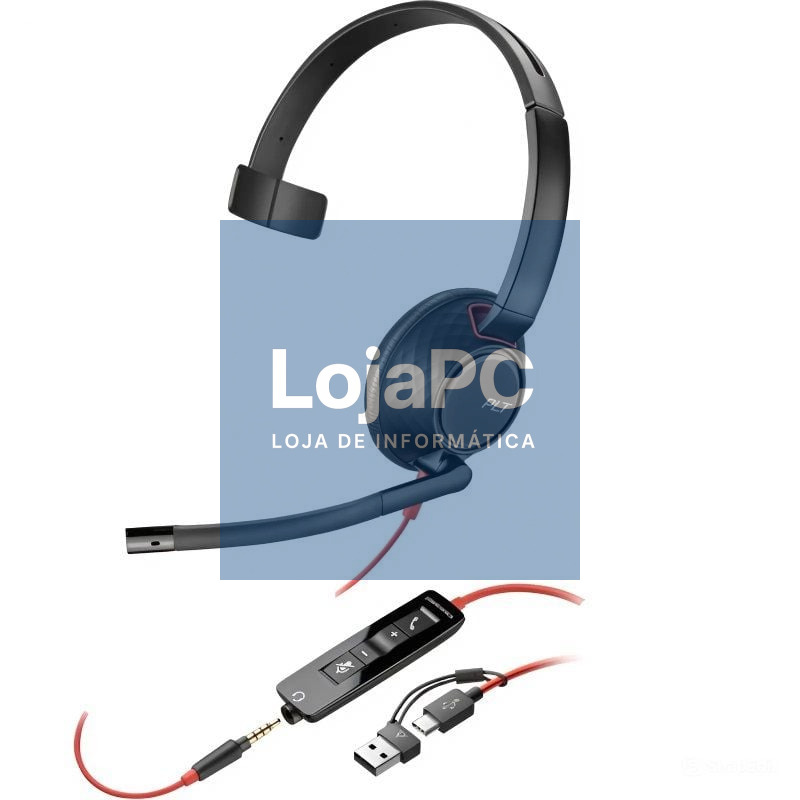 Auscultador Poly Blackwire 5210 + 3.5 mm + Adaptador USB-C/A/ com Microfone/ Jack 3.5 - USB Tipo-C/ Jack 3.5 - USB Tipo-C/ Bulk/ Pretos