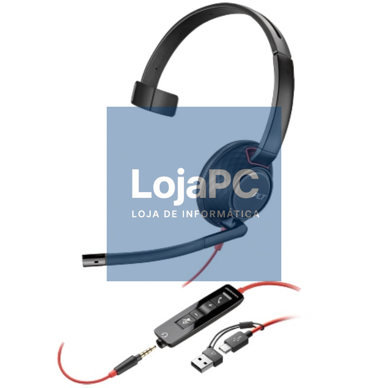Auscultador Poly Blackwire 5210 + Adaptador USB-C/A/ com Microfone/ Jack 3.5mm/ Preto