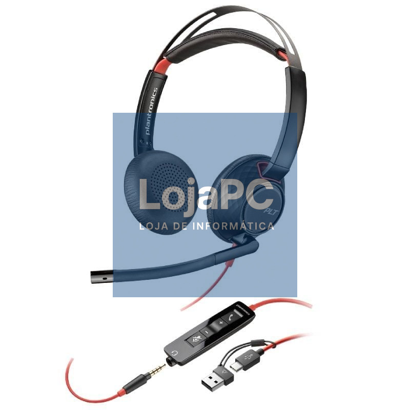 Auscultadores Poly Blackwire 5220 USB-C + 3.5 mm + Adaptador USB-C/A/ com Microfone/ Jack 3.5 - USB Tipo-C/ Bulk/ Pretos