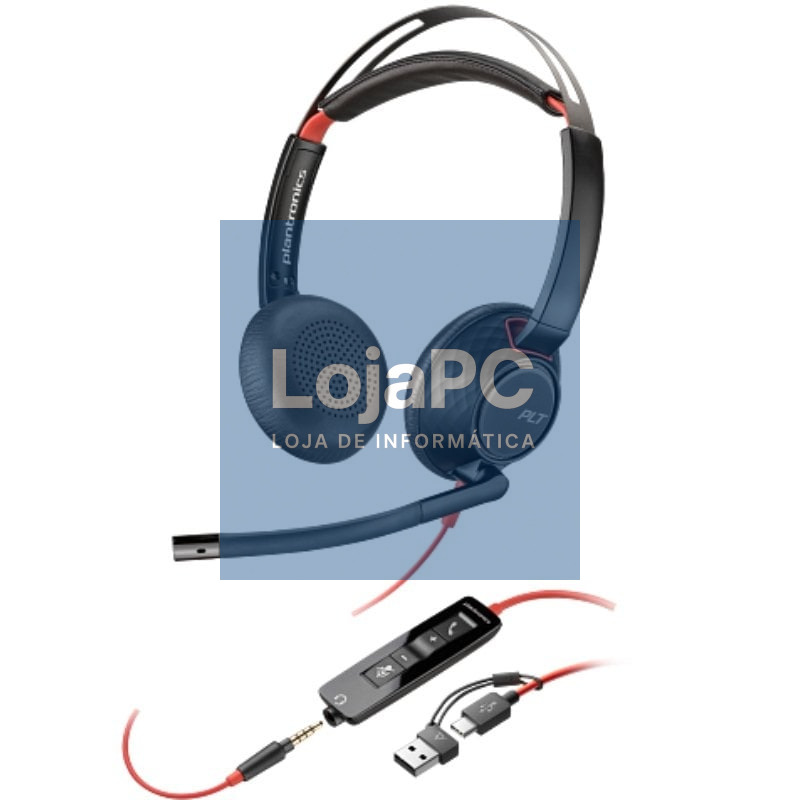 Auscultadores Poly Blackwire 5220 + Adaptador USB-C/A/ com Microfone/ Jack 3.5mm/ Preto