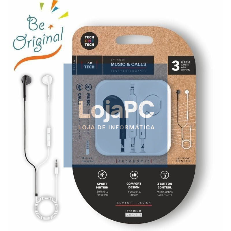 Auscultadores Intrauditivos Tech One Tech earTECH B&W Be Original TEC1011/ com Microfone/ Mini Jack 3.5/ Branco y Preto