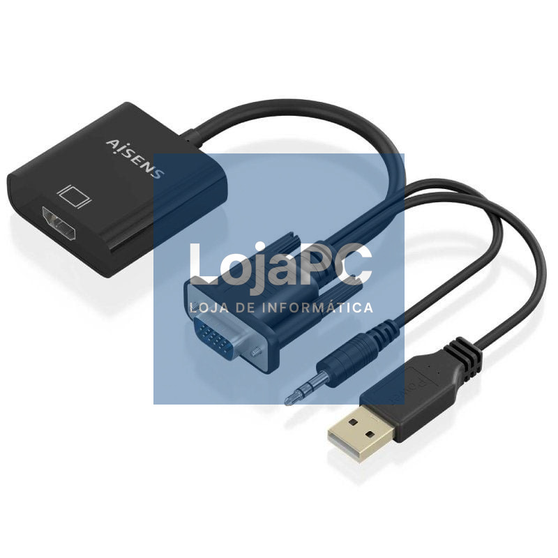 Cabo Conversor Aisens A115-0872 SVGA Macho - USB Macho/ Jack Macho - HDMI Fêmea/ 20cm/ Preto