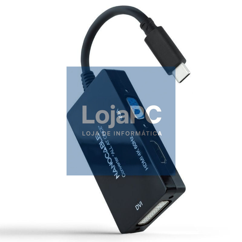 Conversor Nanocable 10.16.4301-ALL/ USB Tipo-C Macho - HDMI Fêmea - DVI-I Fêmea - VGA Fêmea/ 20cm/ Preto