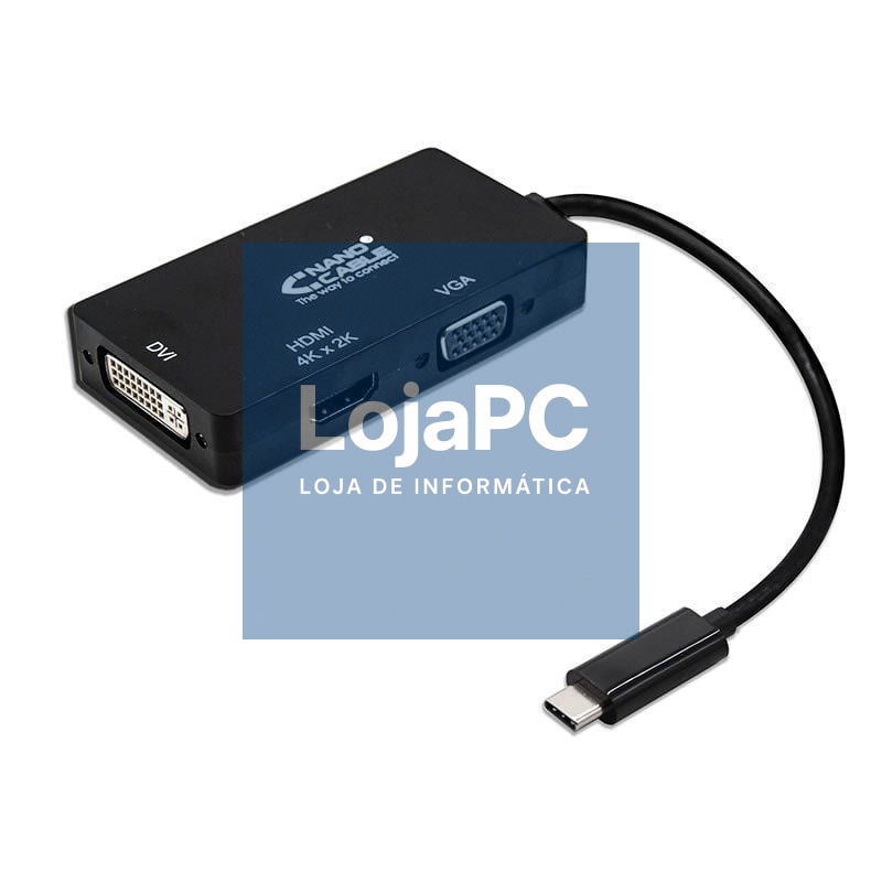 Conversor Nanocable 10.16.4301-BK/ USB Tipo-C Macho - VGA Fêmea/ DVI Fêmea/ HDMI Fêmea/ 10cm/ Preto