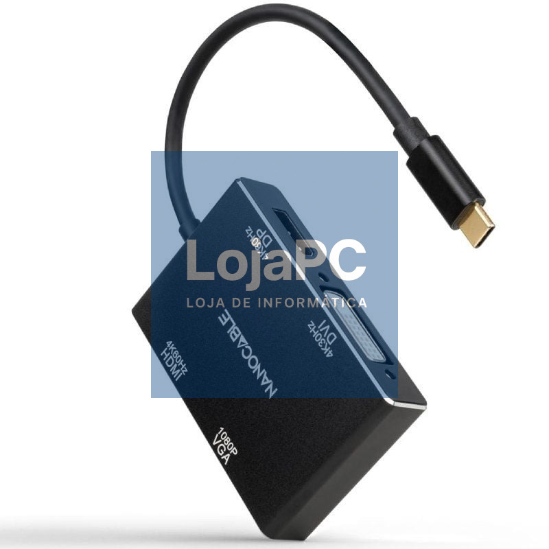 Conversor Nanocable 10.16.4307/ USB Tipo-C Macho - VGA Fêmea/ DVI Fêmea/ HDMI Fêmea/ DisplayPort Fêmea/ 10cm/ Preto
