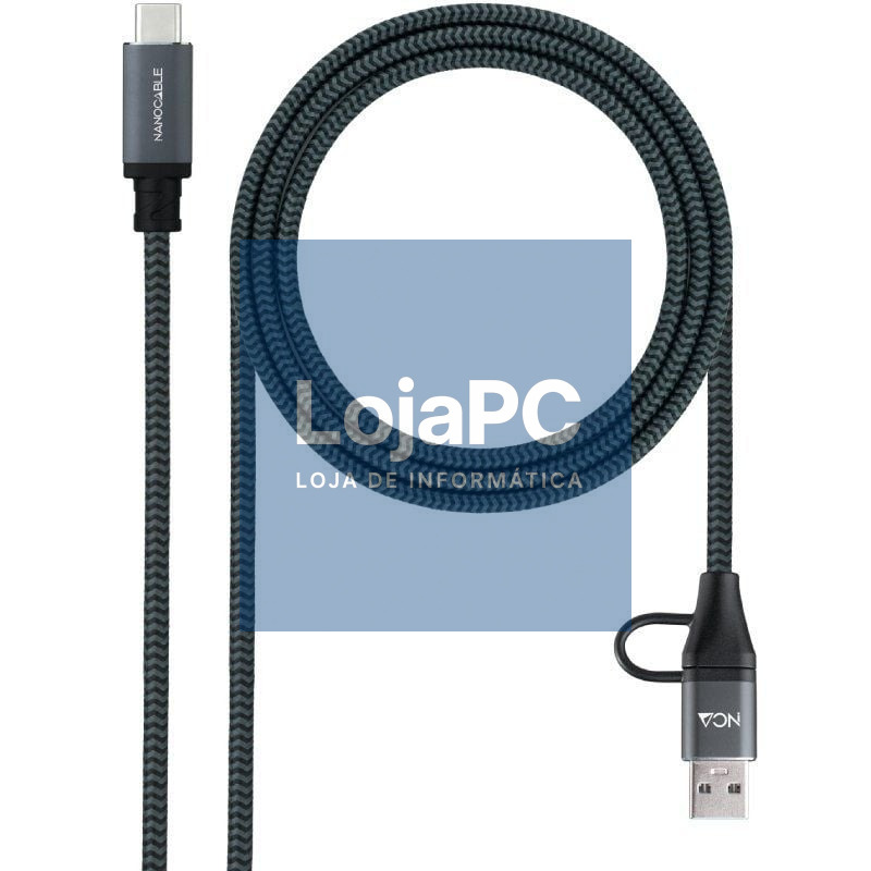 Cabo USB 3.2 Tipo-C Nanocable 10.01.4111-COMB/ USB Tipo-C Macho + USB Macho - USB Tipo-C Macho/ até 100W/ 20Gbps/ 1m/ Cinzento y Preto