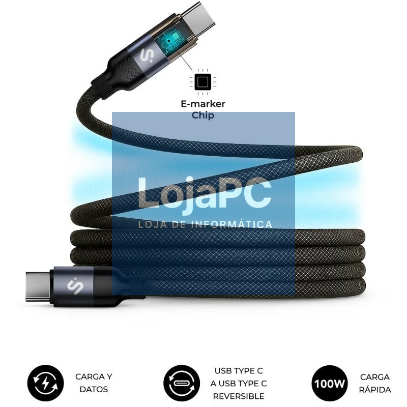 Cabo USB 2.0 Tipo-C Subblim PowerMag Led/ USB Tipo-C Macho - USB Tipo-C Macho/ até 100W/ 480Mbps/ 2m/ Preto