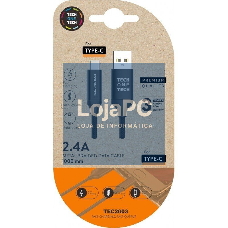 Cabo USB 2.0 Tipo-C Tech One Tech TEC2003/ USB Tipo-C Macho - USB Macho/ 480Mbps/ 1m/ Preto