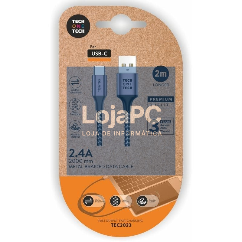 Cabo USB 2.0 Tipo-C Tech One Tech TEC2023/ USB Tipo-C Macho - USB Macho/ 2m/ Cinzento