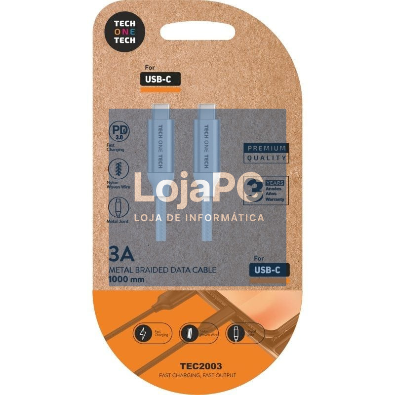 Cabo USB 2.0 Tipo-C Tech One Tech TEC2204/ USB Tipo-C Macho - USB Tipo-C Macho/ até 20W/ 480Mbps/ 1m/ Branco