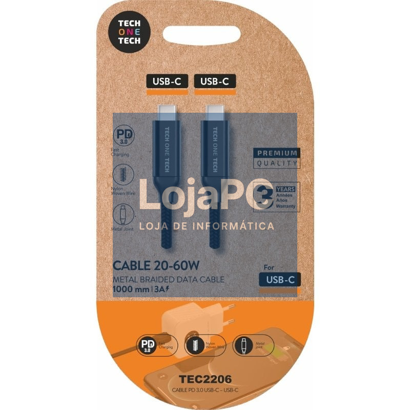 Cabo USB 2.0 Tipo-C Tech One Tech TEC2206/ USB Tipo-C Macho - USB Tipo-C Macho/ até 60W/ 480Mbps/ 1m/ Preto
