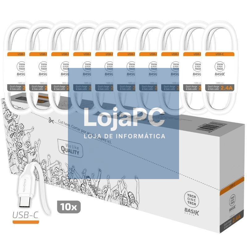 Pack 10 Cabos USB 2.0 Tech One Tech Basik TEC2953/ USB Macho - USB Tipo-C Macho/ 1m/ Branco